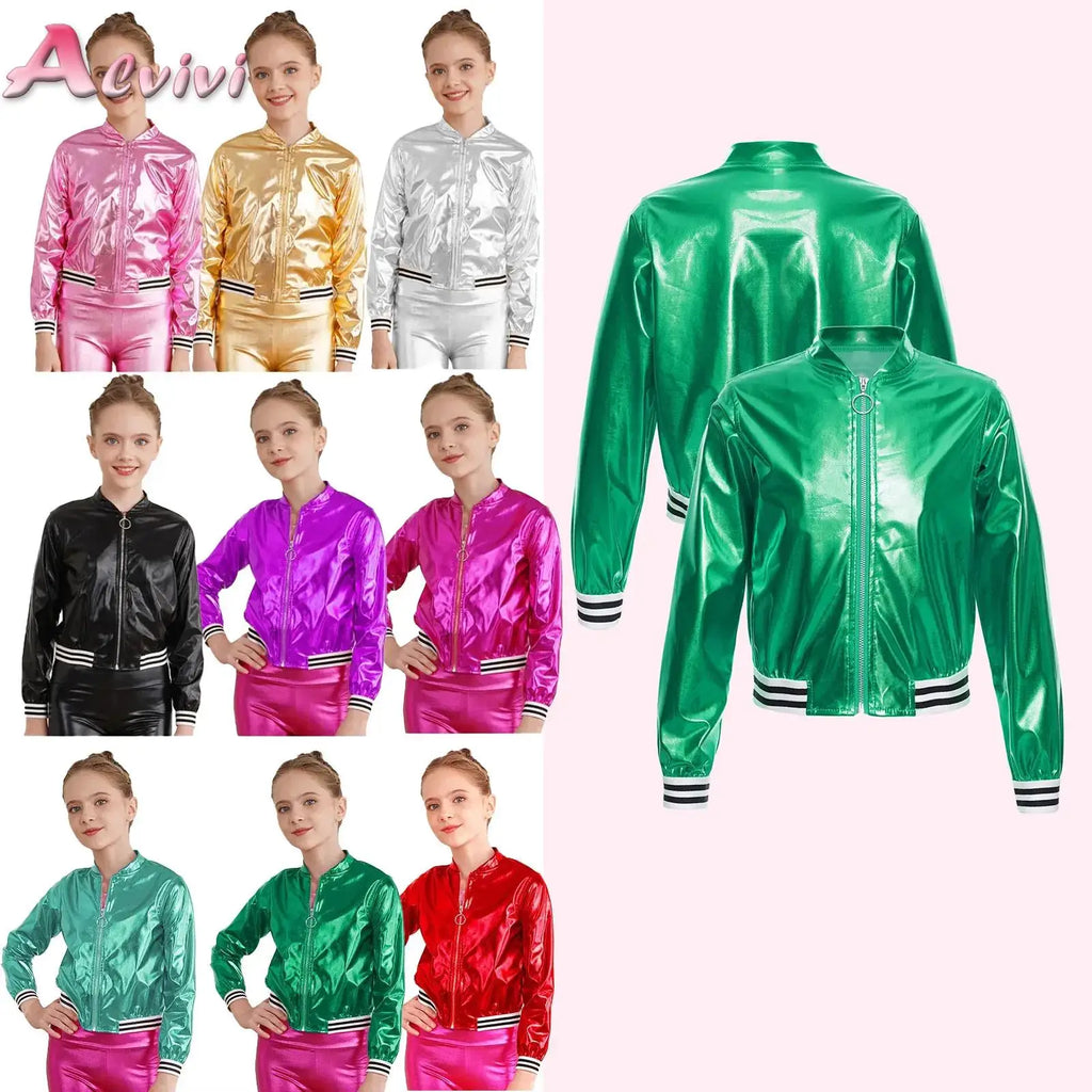 Kids Girls Long Sleeve Casual Sports Bomber Jackets Jazz Hip-hop Street Dance Costume Boys Shiny Metallic Baseball Outwear Coats