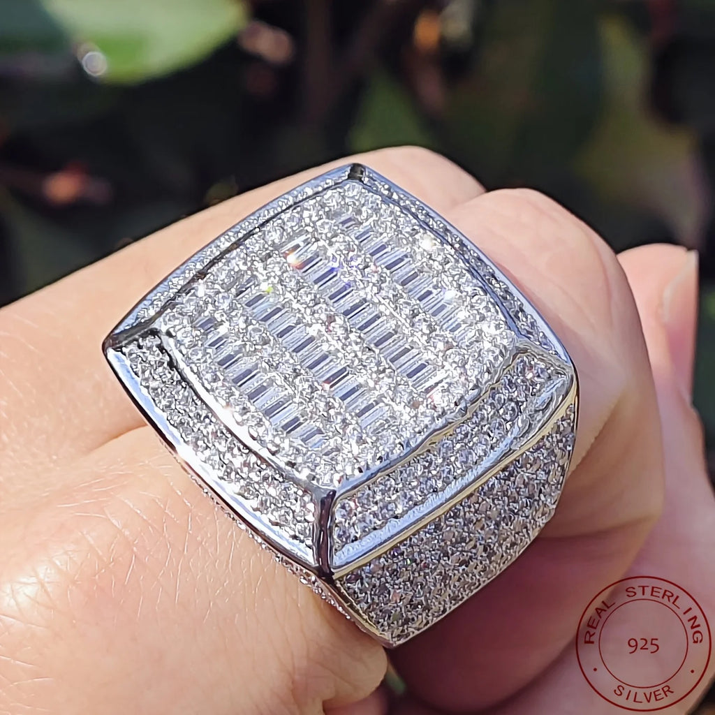 Fashion Men’s Iced Out Lad Diamond Rings 925 Sterling Silver Big Square Baguette Hip Hop Champion Ring Luxury Fine Jewelry