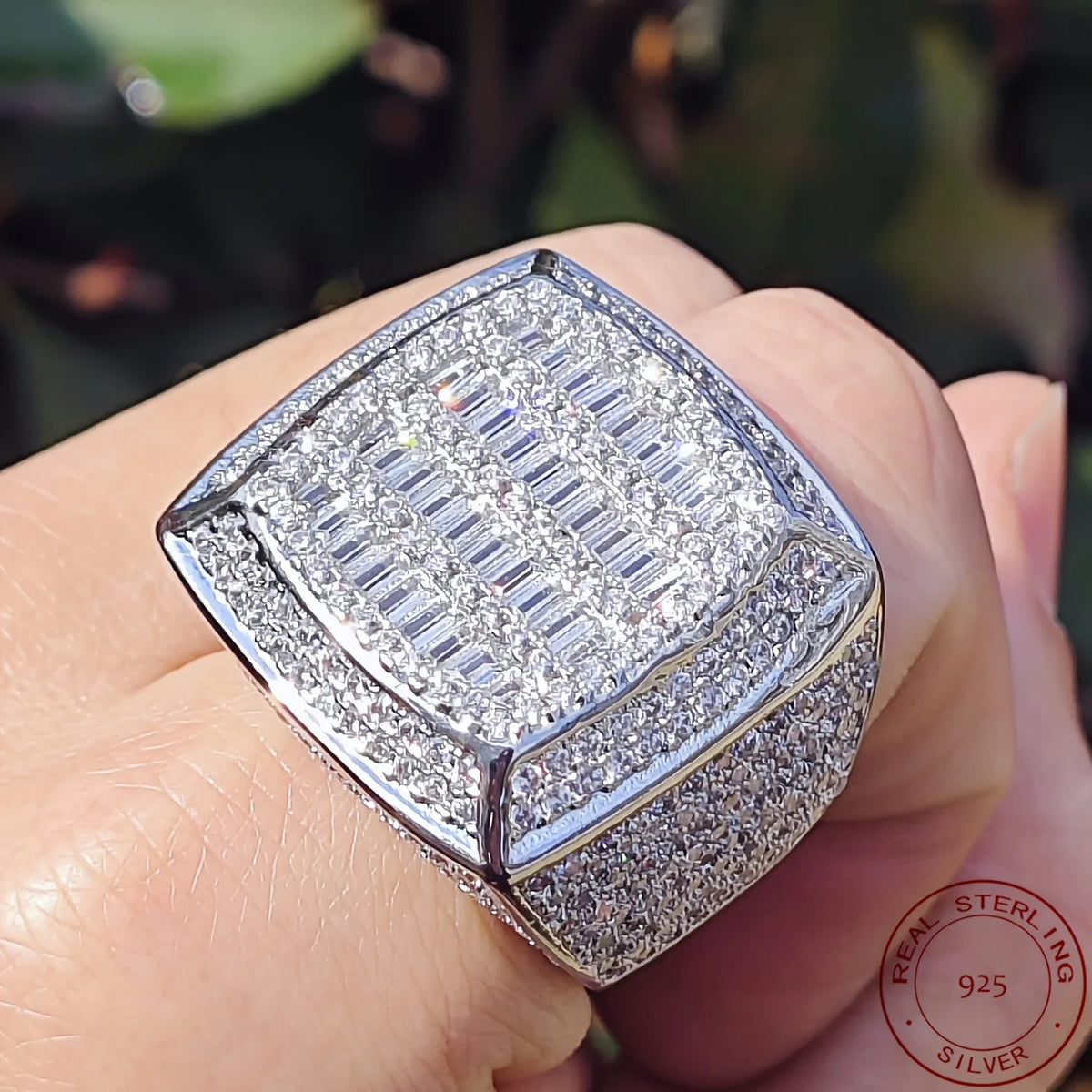 Fashion Men’s Iced Out Lad Diamond Rings 925 Sterling Silver Big Square Baguette Hip Hop Champion Ring Luxury Fine Jewelry