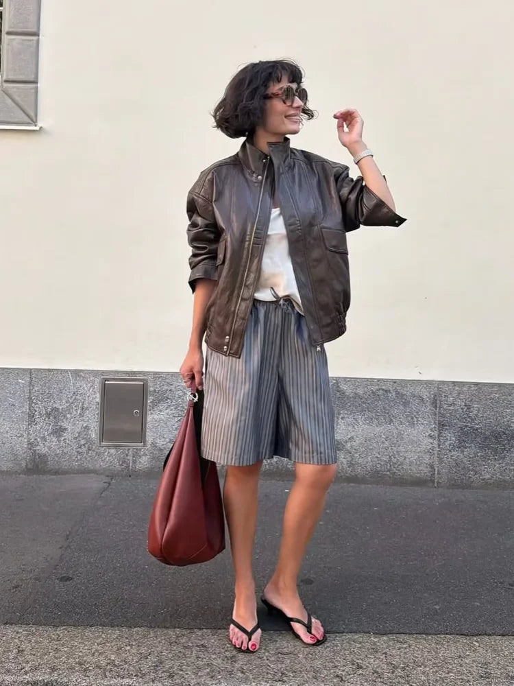 Women Vintage Dark Brown Leather Jacket Casual Stand Collar Zip Up Pocket Long Sleeve Loose Outerwear Street Wear Winter Jackets