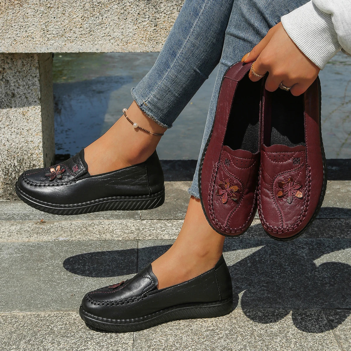 Women's Floral Slip-On Loafer Flats, Faux Leather Upper with Hand Stitching Details, Low Wedge Walking Shoes for Mature Ladies