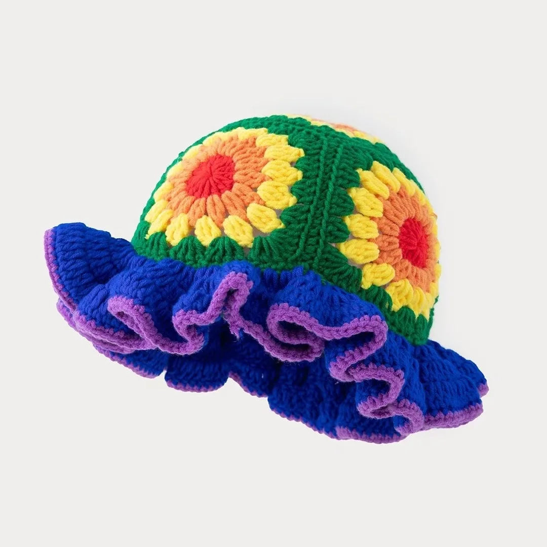 Men's and women's colorful hand crocheted knitted hats with wavy edges and floral patterns,woolen hats suitable for keeping warm