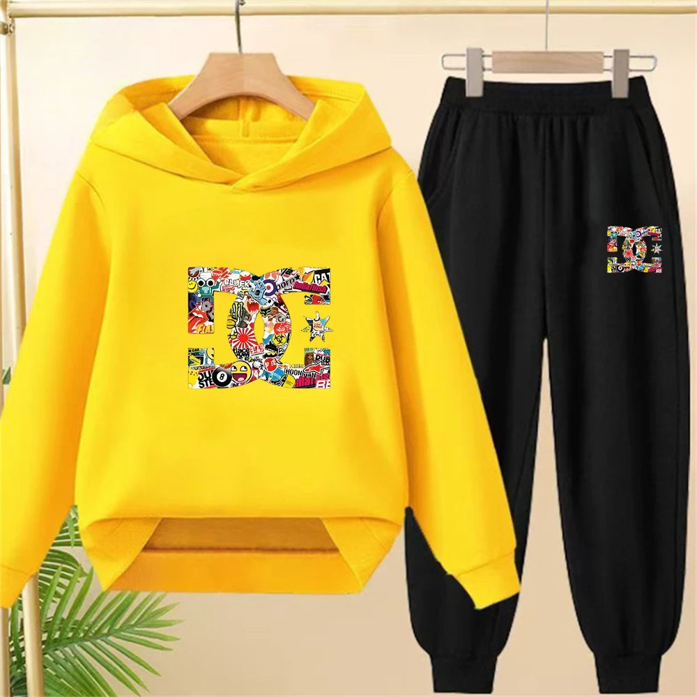 Children's hoodie 3-12 years girls pink boy black tops+pants set leisure sweatshirt printing fashion Kids autumn clothing