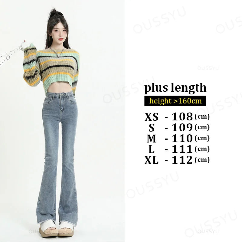 Spring Summer Flared Jeans Women Cotton Vintage Blue Denim Pants Streetwear Elastic High Waist Slim Harajuku Trouser Plus Length