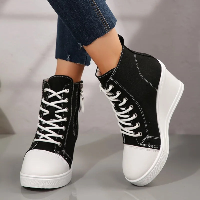 women's sneakers new invisible wedge heels zip lace up classic canvas shoe Platform fashion lightweight high top shoes for women