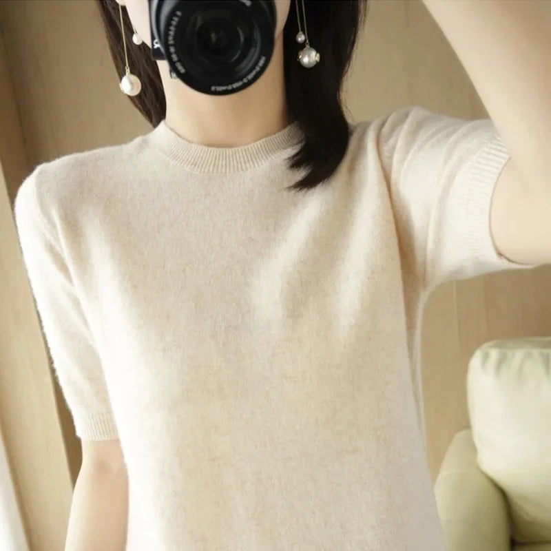 2025 Spring Summer Womens Sweater Short Sleeve O-neck Slim Fit Knitted Pullovers Bottoming Casual Knitwear Camel Pink Clothes