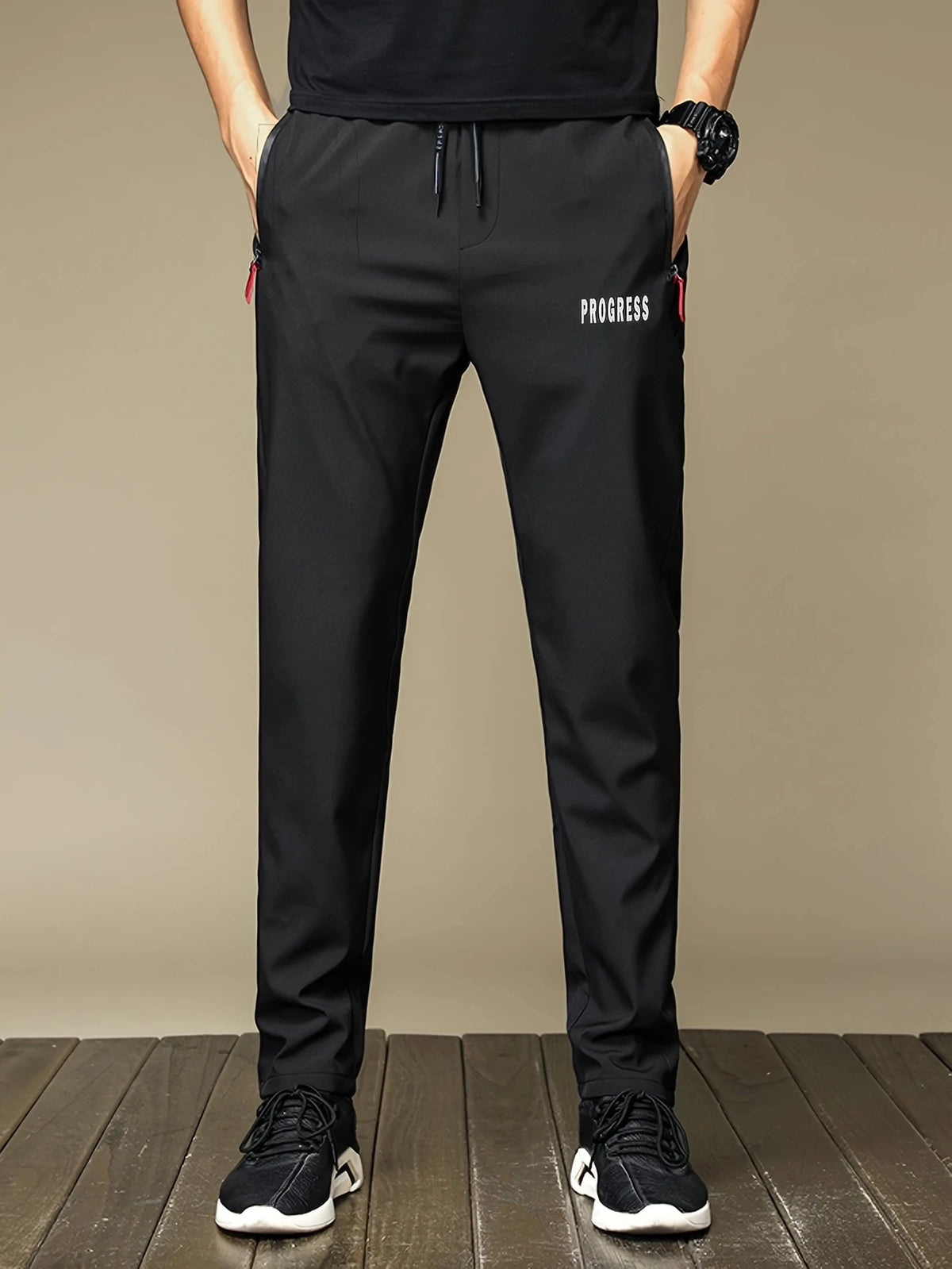 PROGRESS Printed Men's Casual Straight Pants Stretch Elastic Waist Jogger Korean Classic Blue Black Gray Male Brand Trousers