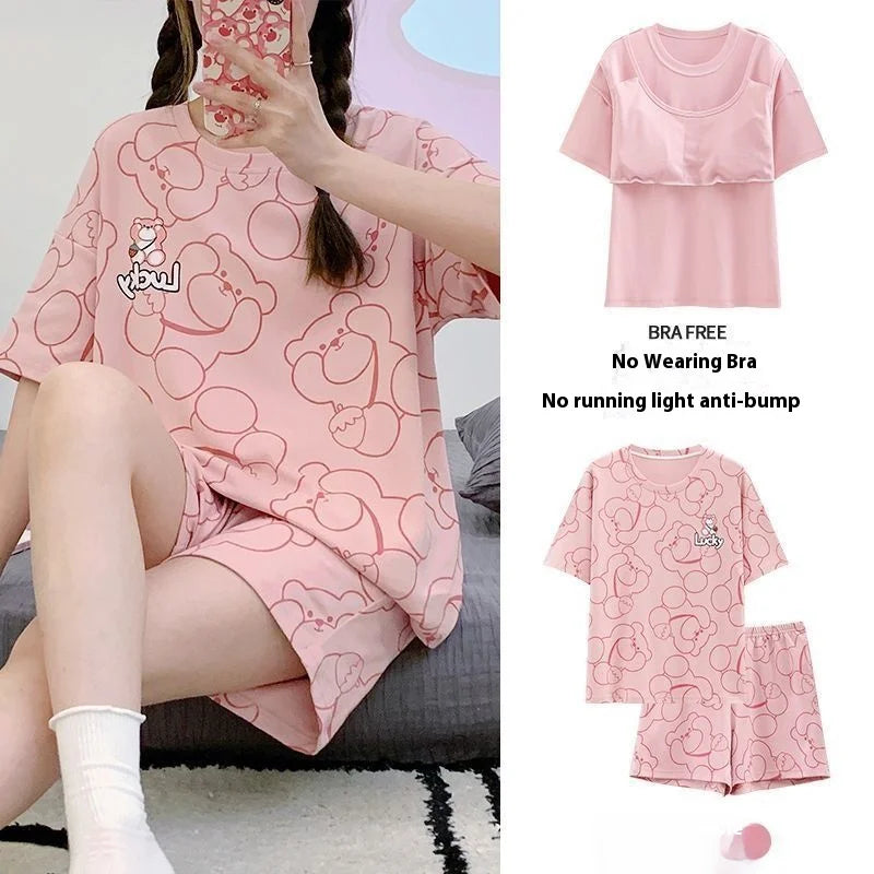 Pajamas Female Summer Short-Sleeved Set of Sweet with Chest Cushion Korean Version of the Cartoon Students Homewear Sleepwear