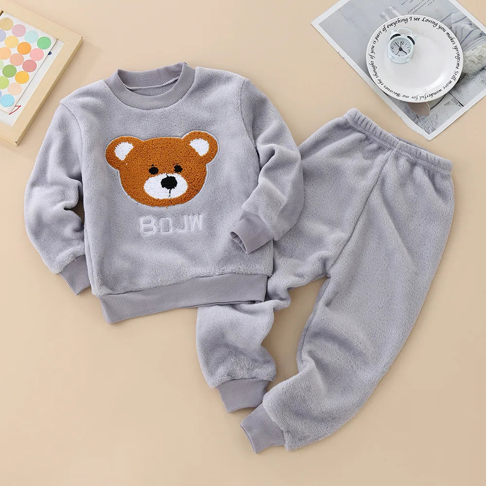 2026 Kids Flannel Pajamas 2Pcs/Sets Thickened Warm Print Baby Homewear Soft Coral Fleece Boys Girls Sleepwear Winter Loungewear