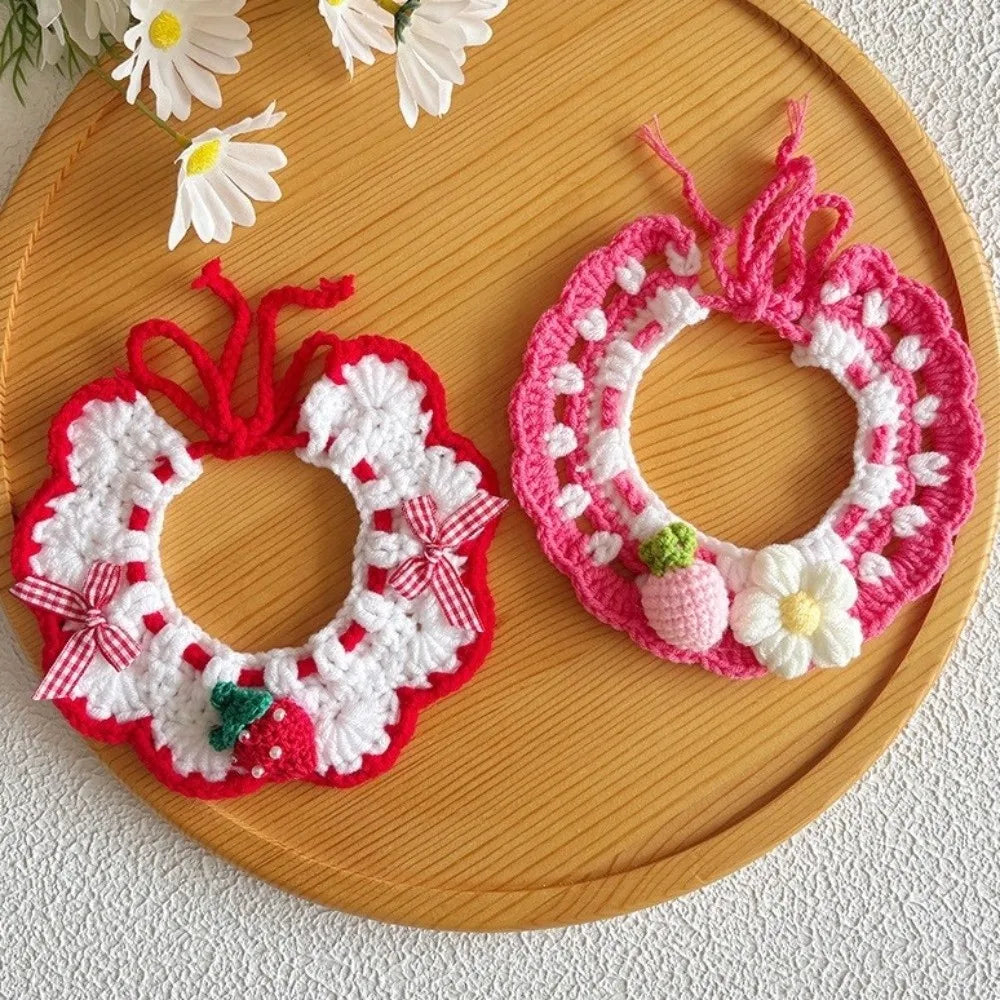 Pet Accessories Adjustable Flower Pet Scarf Bib Sweet Handmade Cat Strawberry Collar Decorative Cozy Cat Woven Bib Photo Shoots