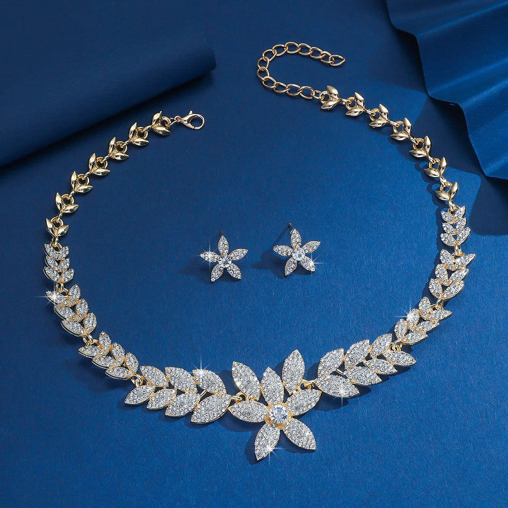 Women's Euro USA Fashion Brides Jewelry Set, Full-Diamond Necklace & Earrings, Elegant Jewelry for Wedding Ceremonies & Party