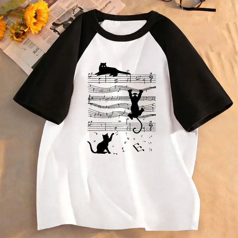 Kawaii Hot Sale Music Cat Design T Shirts Manga Kids Children's T-shirt Boys Girls Summer Spring Casual Top Tee