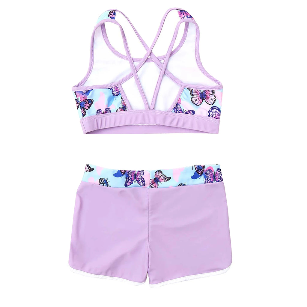 Girl'sSwimsuit Outfit Crop Top with Boyshorts Childrens Swimwear Kids Bathing Suit Swimming Set Beach Pool Printed Two Pieces