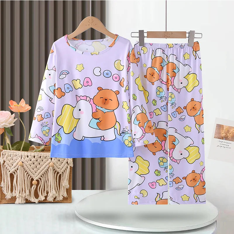 Capibara Kids Pajama Sets Long Sleeve Loungewear with Cute Animal Print Soft Sleepwear for Boys Girls Cartoon Sleepwear Outfit
