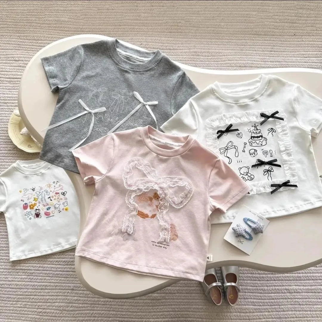 2026 New Summer Kids T Shirts 2-7T Cute Cartoon Printed Baby Girls Short Sleeve Tee Versatile Children Clothes Cotton Tops