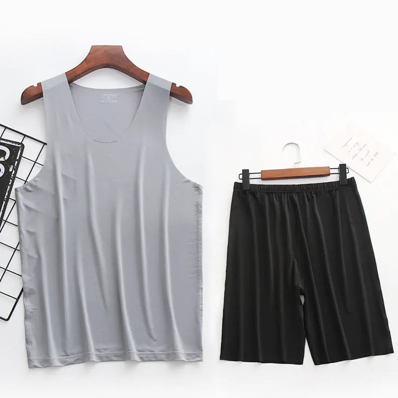 Mens Ice Silk T-Shirt & Short Pants 2Pcs Pijamas Sleep Set Ultra-thin Homewear Clothing Summer Pyjamas Sleepwear Nightwear Suit