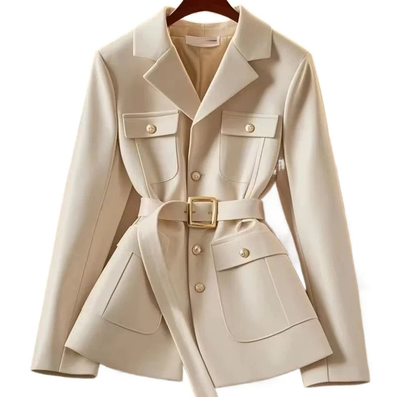 Women Blazer Coat New 2025 Autumn Long Sleeve Single Breasted Belt Pocket Elegant Office Ladies Suit Jacket Lady Outerwear Tops