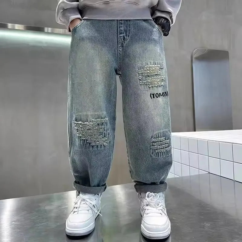 Boys Fashion Jeans Autumn Children Denim Loose Pants Teenager Spring Baggy Trousers New Kids Casual Handsome Clothing 4-12Y