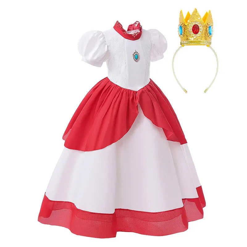 Kid White Peach Costume Princess Costume Plumber Adventure Girls Cosplay Apparel Halloween Video Game Victory Bonus Lolita Dress