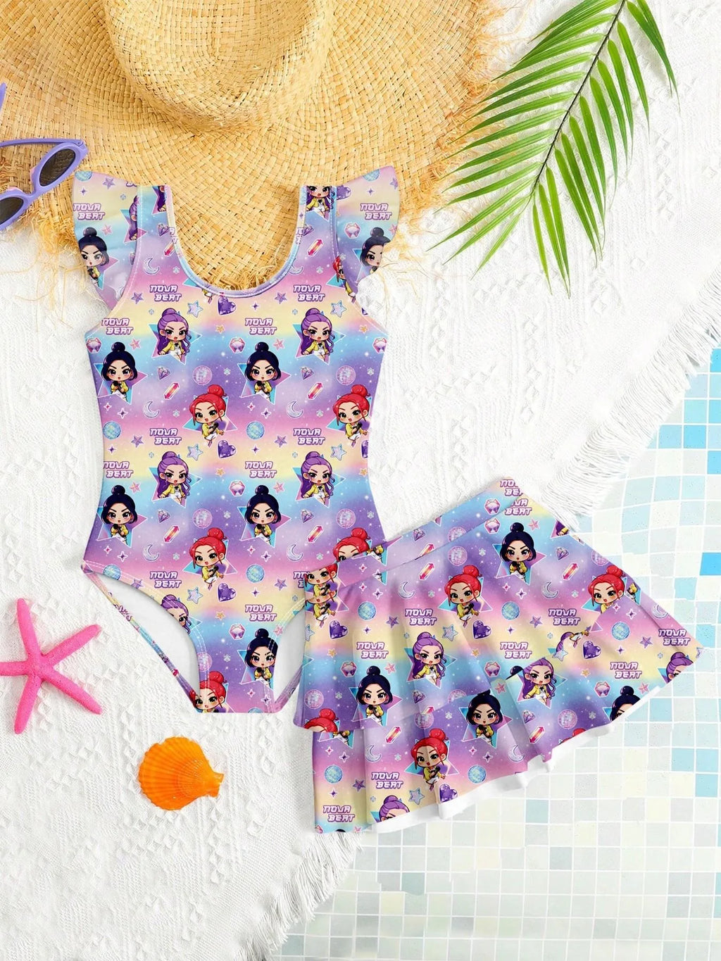 Girls Cartoon Print Swimsuit – 2-in-1 One-Piece Swimwear with Skirted Bottom for Kids Beachwear