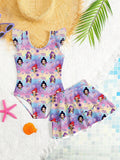 Girls Cartoon Print Swimsuit – 2-in-1 One-Piece Swimwear with Skirted Bottom for Kids Beachwear