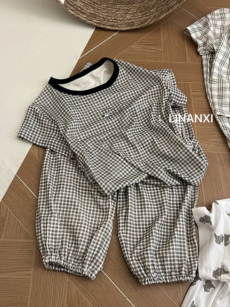 2025 Summer Kids Pajama Sets Home Wear Clothes Children's New Pajamas Knitted Set Cartoon Print Sleepwear Pajama Set