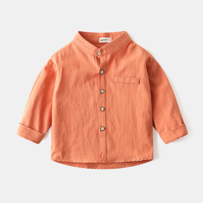 Kids Solid Color Shirts 100 Cotton Long‑Sleeve Stand Collar Loose Fit Tops For 1‑6Y Toddler Boy Girls Kindergarten Spring Outfit