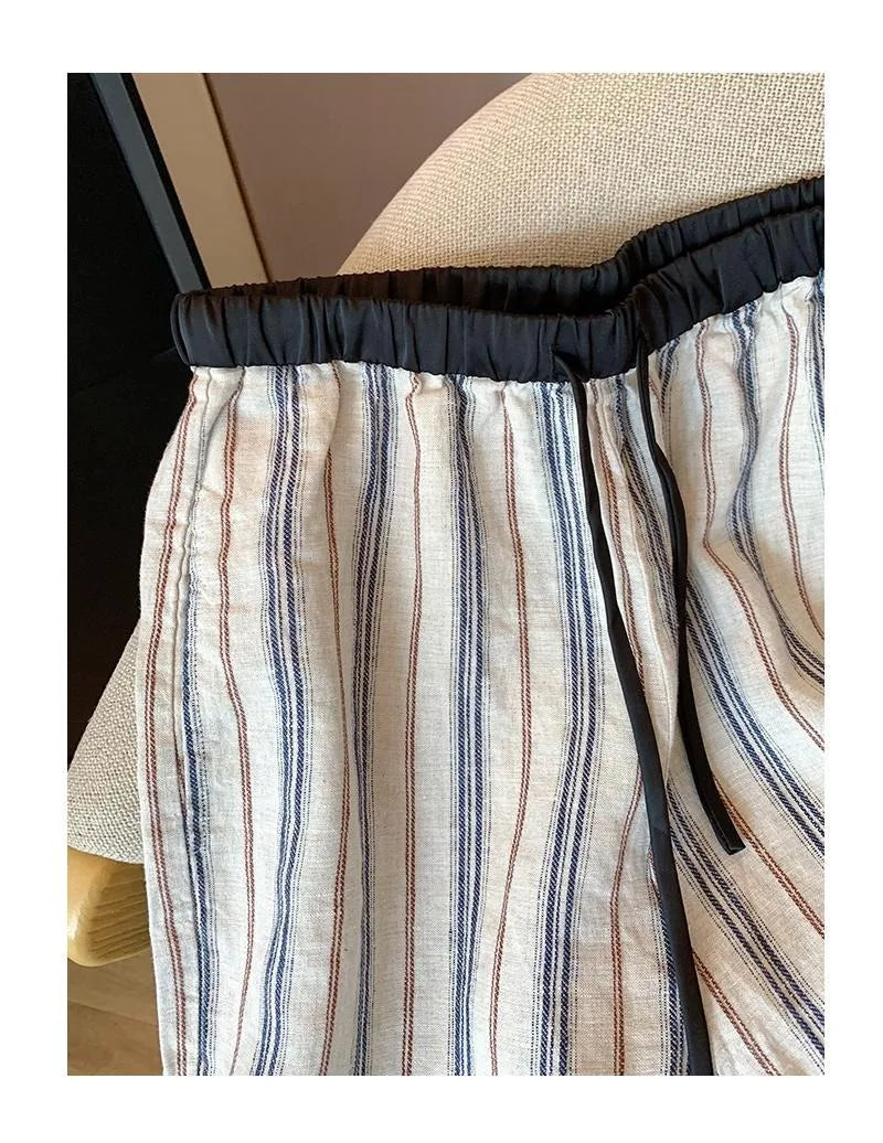 Casual Cotton Linen Wide Leg Pants Elastic Waist Striped Loose Lazy Sle Summer New Loose Straight Large Size Leisure Trousers