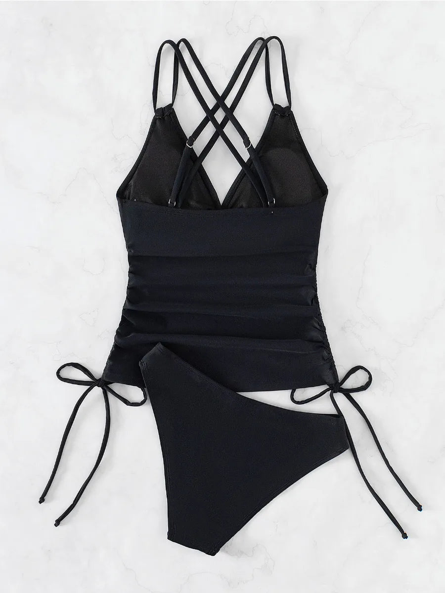 Tankini Solid Color Swimsuit Women High Waist V-neck 2 Piece Suspender Bikini Bathing Suit Lace-up Backless Swimwear 2025 New