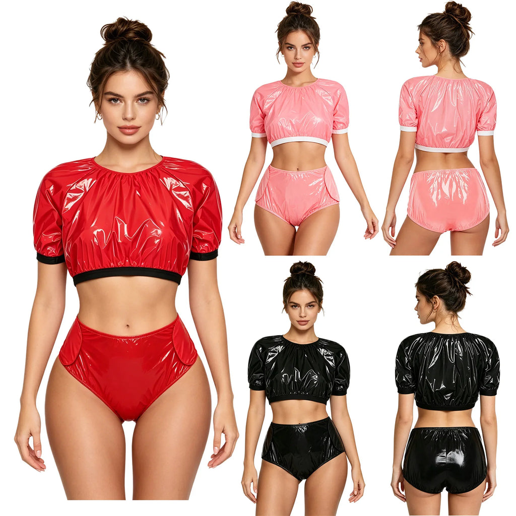 Womens Swim Sets Waterproof Vinyl Adaptive Swimwear Beachwear Outfits Short Sleeve Crop Top and Hook and Diaper Cover Shorts