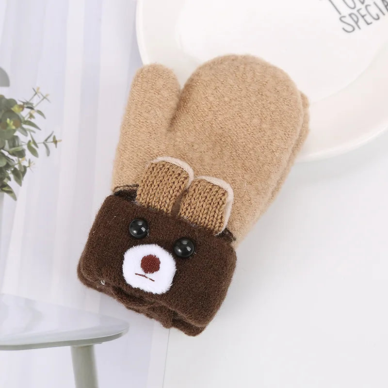 0-3 Year Old Children's Gloves Boys and Girls Cute Little Bear Cartoon Knitted Yarn Gloves Double-layer Thick Keep Warm Winter