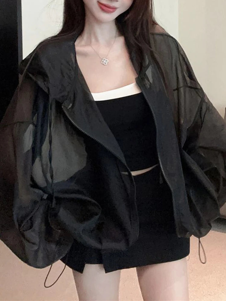 Aoaiiys Thin Coat Women Fashion Casual Sun Protection Jacket Tops See Through Hooded Coats Summer 2026 New Loose Female Tops