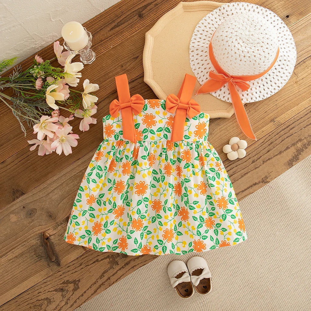 Korean Style Beach Dress for Kids Girl Sending A Hat Summer Fashion Sweet Orange Bow Casual Toddler Dress