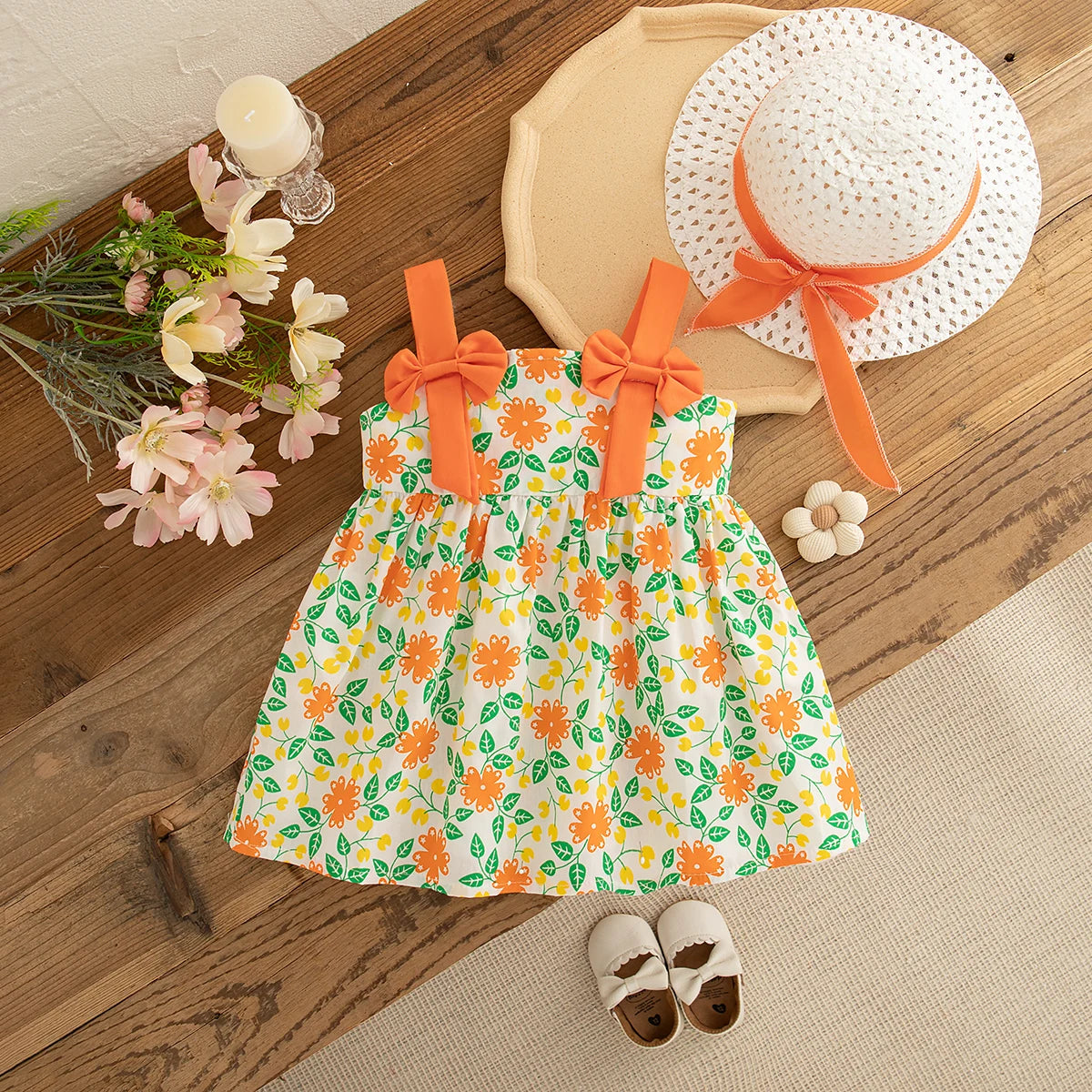 Korean Style Beach Dress for Kids Girl Sending A Hat Summer Fashion Sweet Orange Bow Casual Toddler Dress