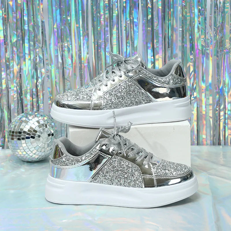 Women Shoes Spring 2024 New Fashion Vulcanized Sneakers for Women Casual Shoes Outdoor Walking Footwear Size 36-45 Gold Silver