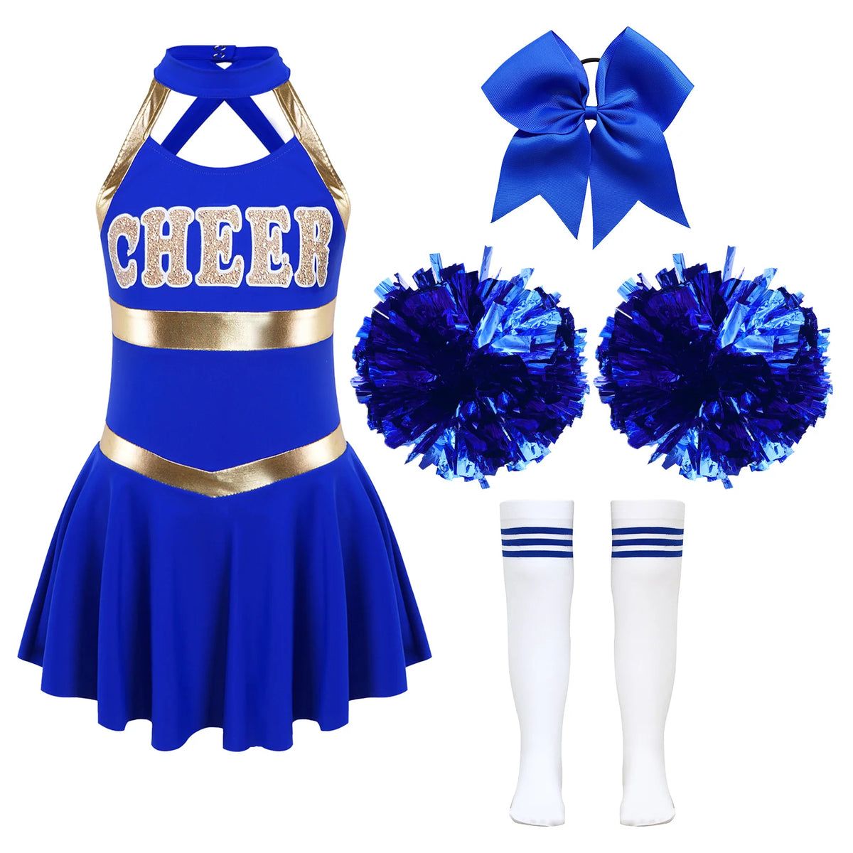 Kids Girls Cheerleading Costumes Childs Sleeveless Dress Hand Flowers Striped Socks Dancewear Sets Schoolgirl Cheer Dance Suits
