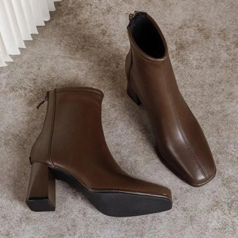 2026 New Women's  Ankle Boots Minimalist Pointed Toe Mid Heel Booties with Soft Leather & Side Zipper Slimming Fashion Boots