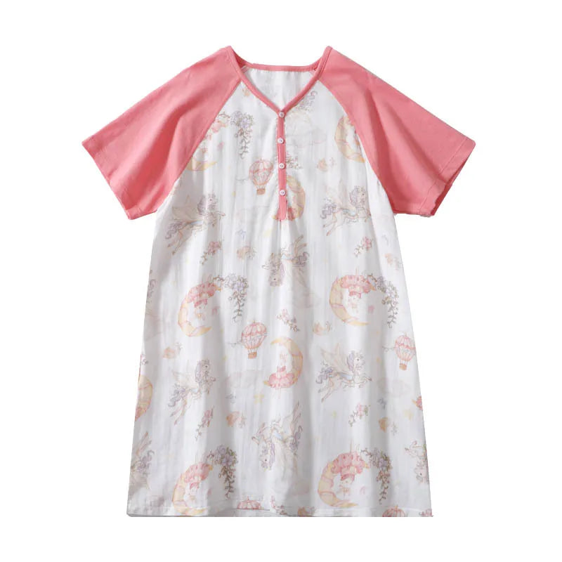 Lightweight Gauze Children's Summer Pajamas Breathable Cartoon Printed Girls' Nightgown Cute One-Piece Pajamas