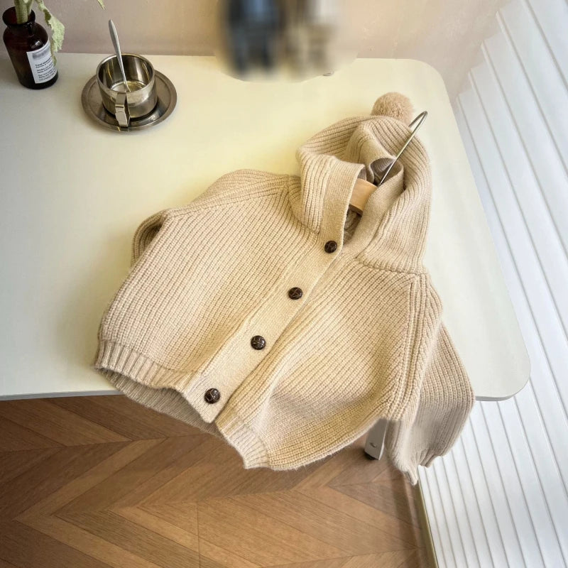 Children Knitted Sweaters Cardigan Autumn Winter Cute Solid Color Single-breasted Hooded Coat Baby Cardigan Boys Girls Sweaters