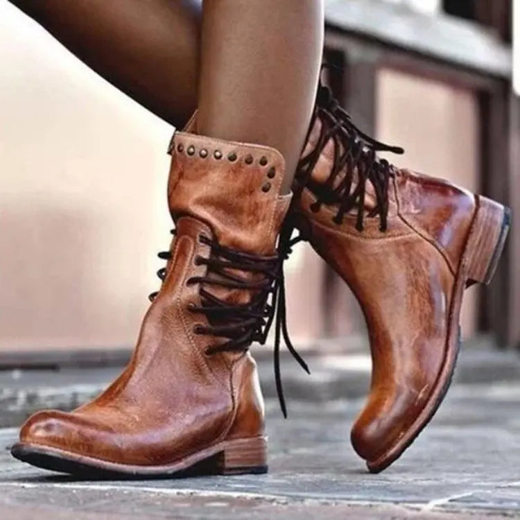 Women's Boots Fashion Casual Leather Boots Designer Mid-Calf Boot Luxury Knight Boots for Women Retro Short Boot Botas De Mujer