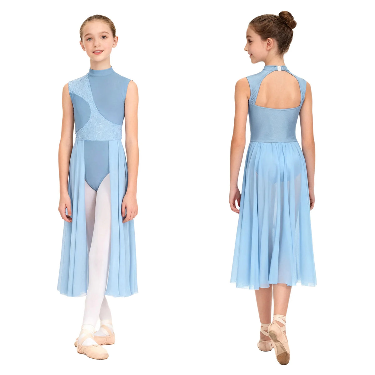 Kids Girls Floral Lace Patchwork Lyrical Ballet Dance Dresses Cutout Back Leotard Dress Dancewear Stage Performance Costume