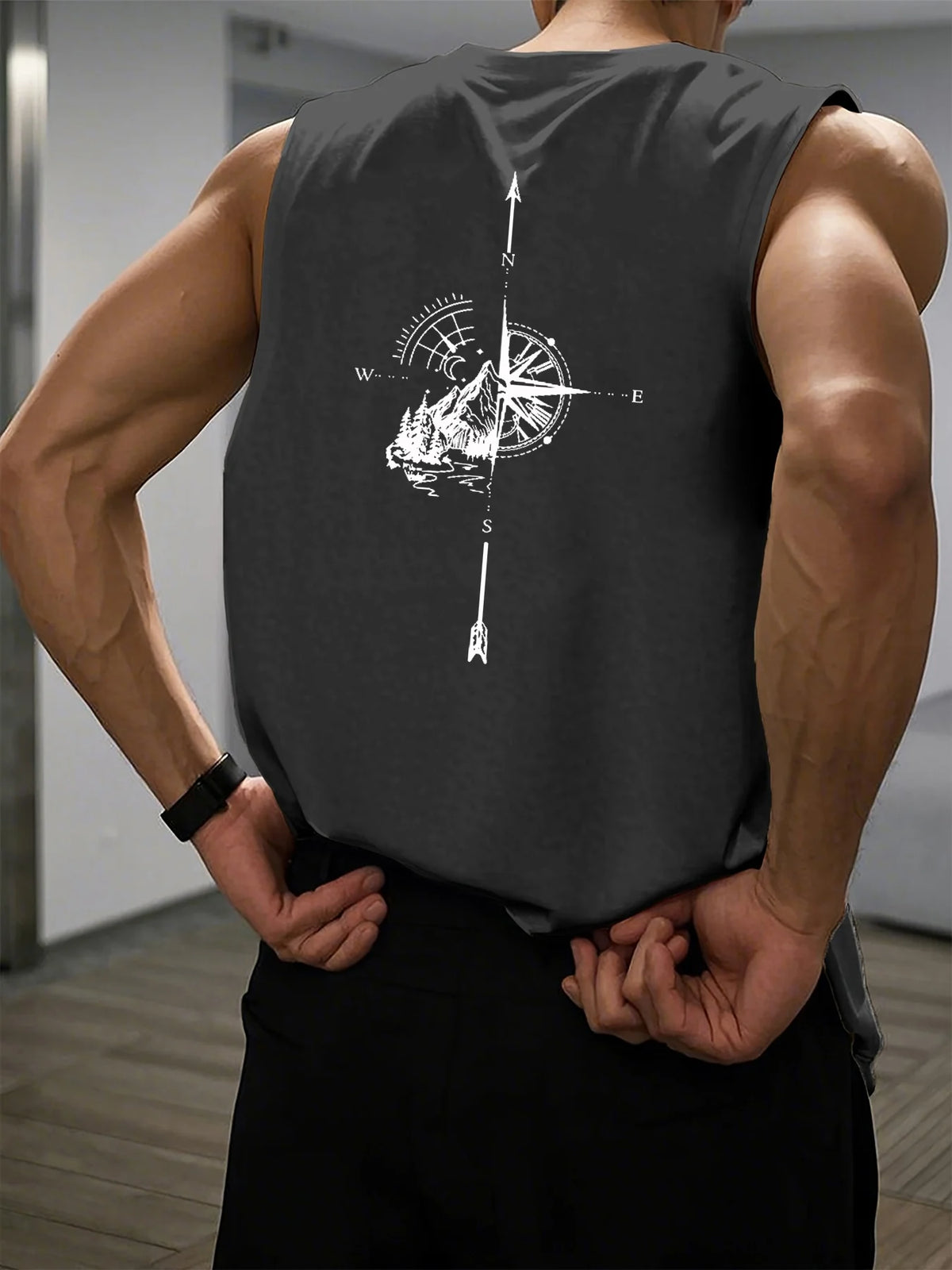 Men's summer casual sports fitness loose mountain and compass print comfortable breathable round neck sleeveless vest