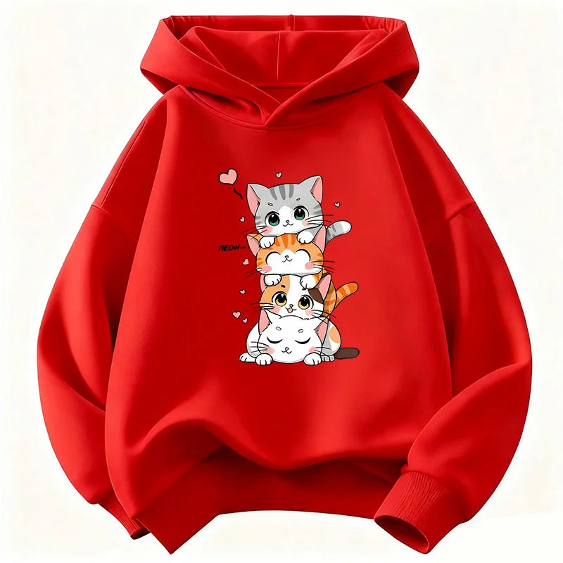 Cute Cat Graphic Kids Hoodie Long Sleeve Sweatshirt Cartoon Animal Boys Girls Clothes Kawaii Kitten Tops Y2K Children Hoody