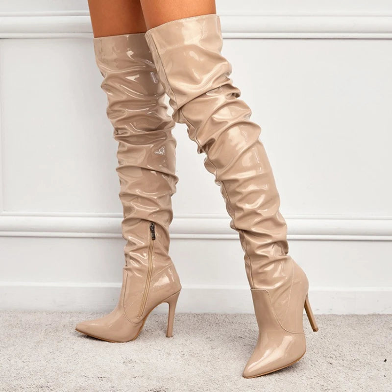 Women's Boots Over The Knee Shiny Pleated High Heel Boots Side Zip Womens Pumps Pointed Toe Stiletto Women Shoes Patent Leather