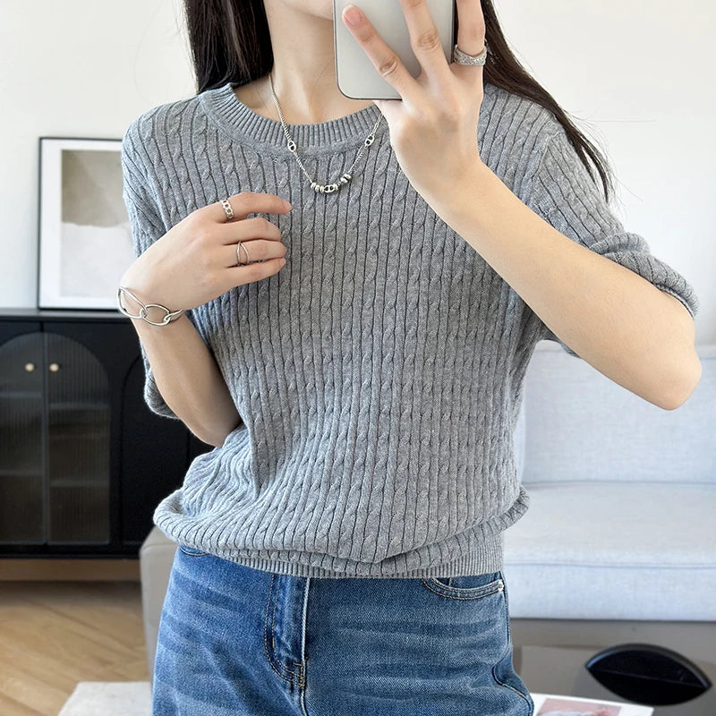 WinvyNee Summer Women’s 100% Cotton Sweaters T-Shirt Short Sleeve O neck Solid Knitwears Pullover Female Tops Spring A1002025