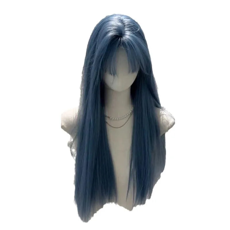 Long Straight Blue Grey Wig For Women Air Bangs Synthetic Hair Wig Natural Cool Tone Full Head Wig Daily Cosplay