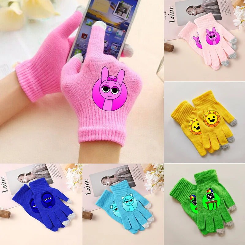 Sprunki Gloves for Children Anime Cartoon Cute Knitted Glove Boys Girls Winter Touchable Screen Warm Accessories Kawaii Mittens