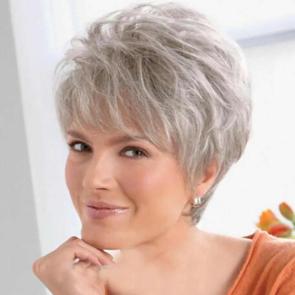 Women Short Natural Wigs with Bangs Soft Mommy Hair Daily Use Short Grey Ombre Curly Synthetic Hair Costume Party Wig