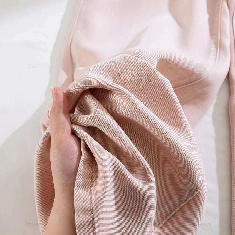 Summer Soft Lyocell Fabric Woman Jeans Loose Wide Leg Straight High Waisted Thin Pant Fashion Comfort Pink Casual Trousers
