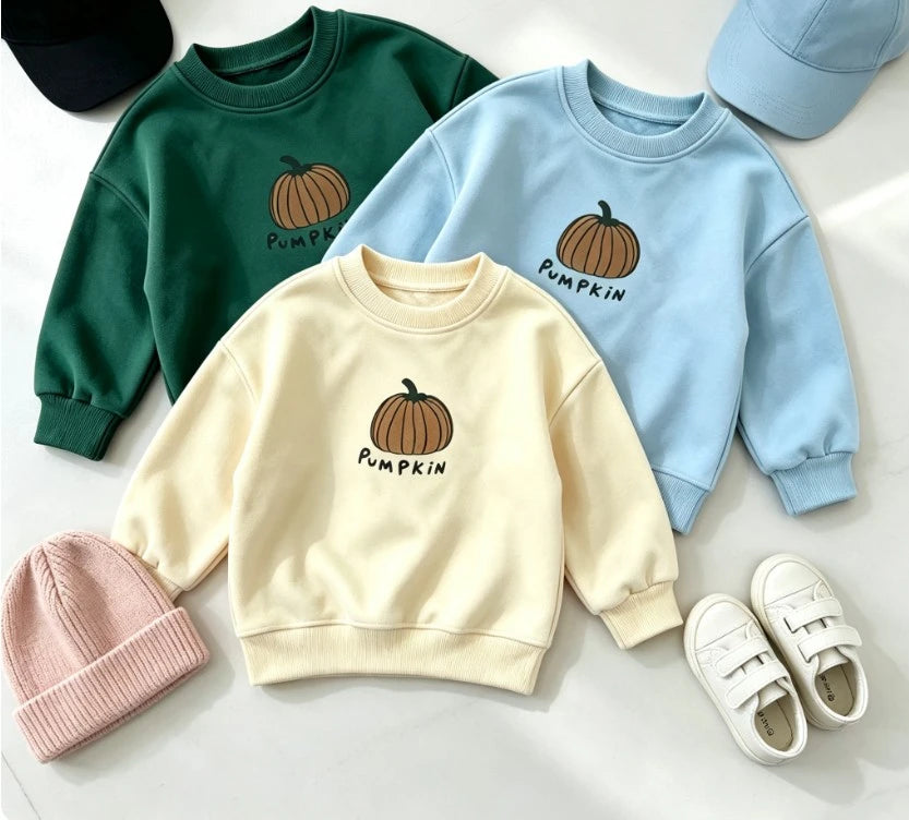 Kids Crew Neck Sweatshirt Cute Pumpkin Print Long Sleeve Pullover Top Soft Cotton Casual Children Autumn Basic Wear Clothing Top